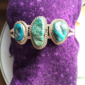 Genuine turquoise vintage sterling silver cuff
